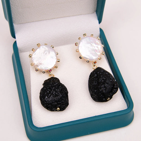 Sterling Silver Black Meteorite and White Keshi Pearl Stud Earrings for Women