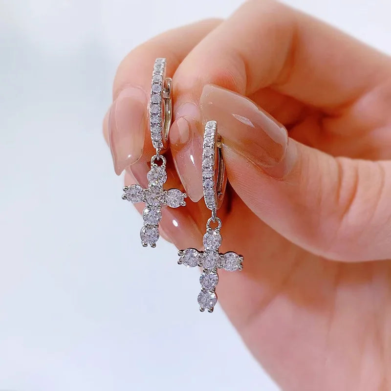 S925 Silver High Carbon Diamond Cross Earrings for Women