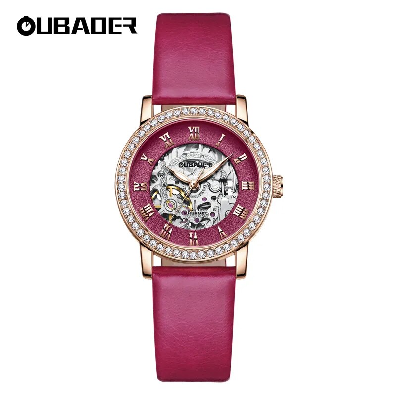 Stainless Steel Diamond Crystal Skeleton Automatic Watch for Women