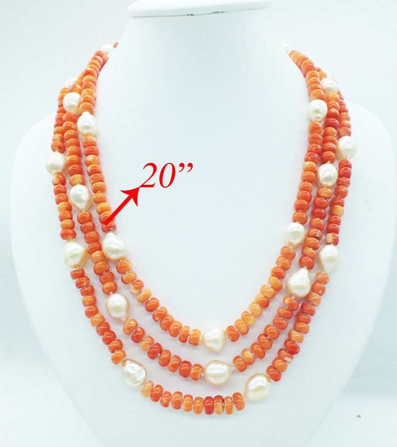 Sterling Silver Natural Orange Coral and Pearl Necklace, 18-22 Inches for Women