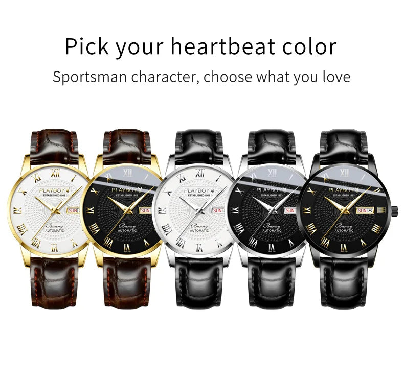 Stainless Steel Leather Strap Automatic Mechanical Watch for Men