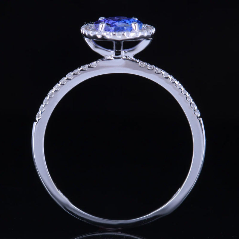 10k White Gold Oval Tanzanite Solid Ring with Diamonds for Women