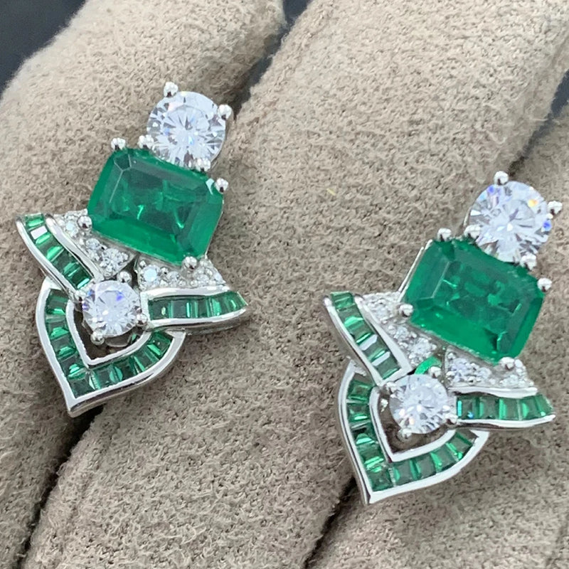 Sterling Silver Emerald High Carbon Diamonds Gemstone Earrings