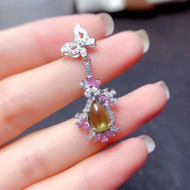 S925 Silver Natural Topaz/Graptolite/Citrine/Olivine Pendant Necklace for Women