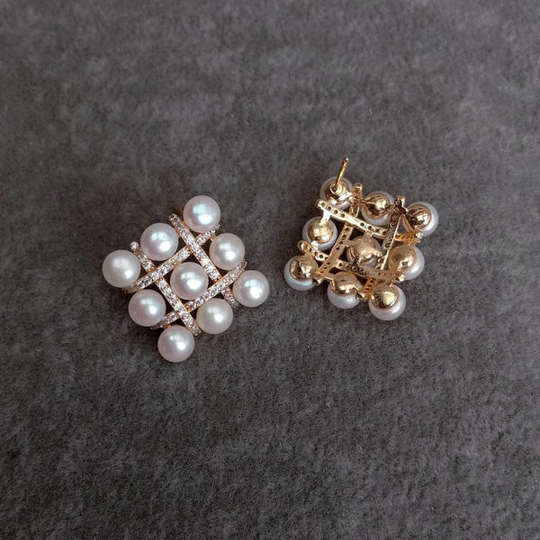 Y.YING Freshwater White Pearl Cz Pave Stud Earrings Gold Plated Stud For Women Gift