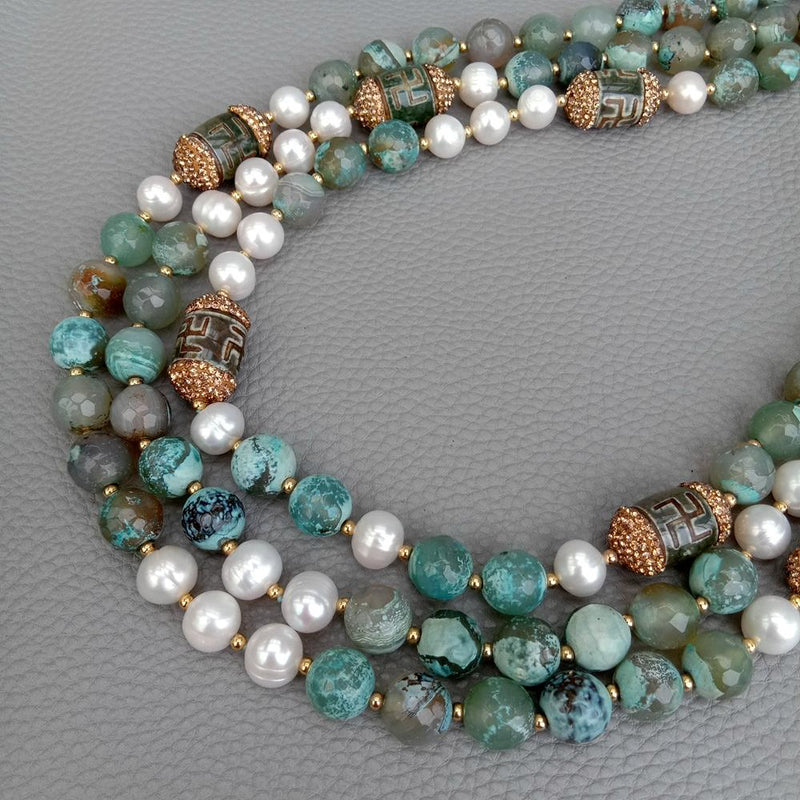 Y.YING 3 Rows Freshwater Cultured White Pearl Green Agate Dzi Agate Necklace Handmade Women Designer Jewelry