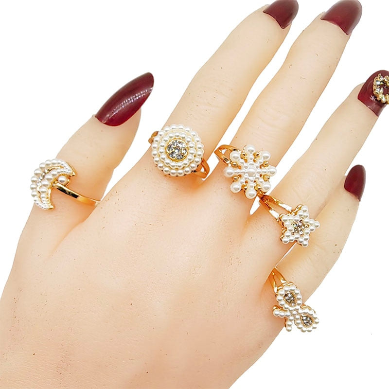 20pcs/Lot Mix Size New Design Pearl Rhinestone Finger Rings For Party Girl Wedding Star Moon Bow Love Flower Jewelry Woman Gifts