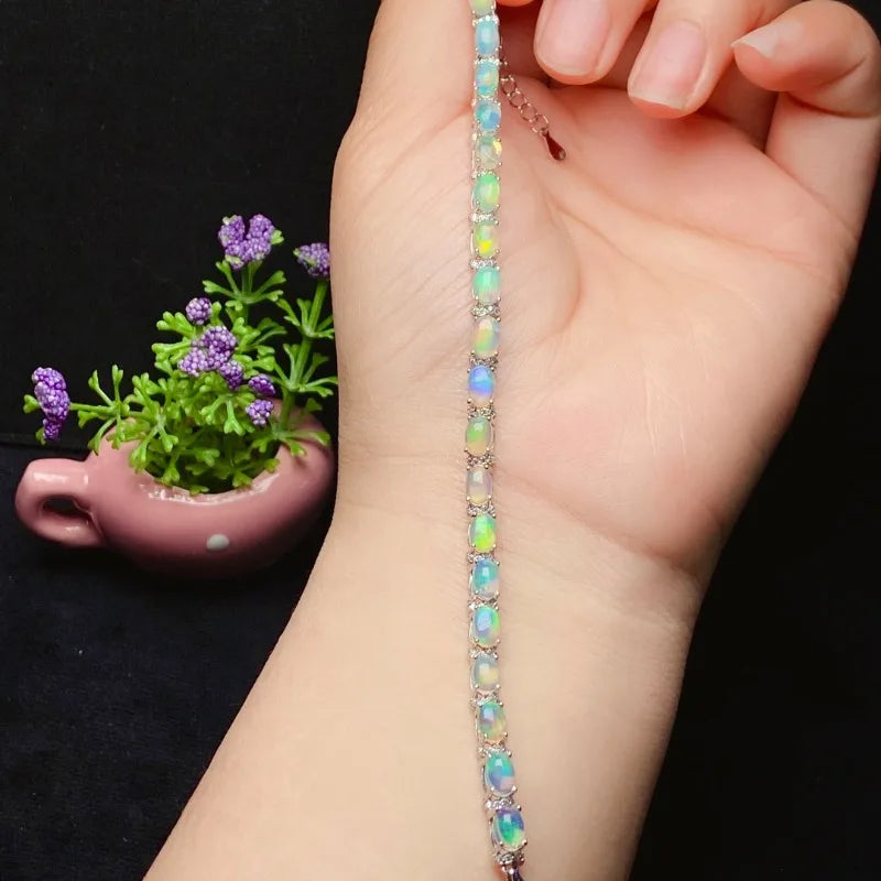 925 Silver Gold Plated Natural Opal Bracelet for Women