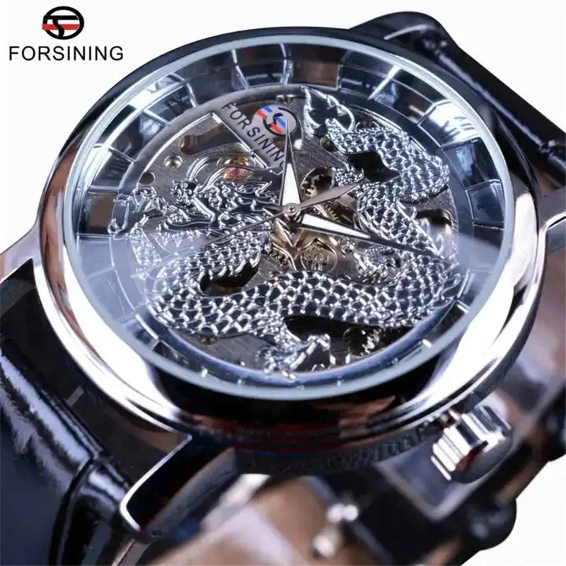 Stainless Steel Dragon Skeleton Mechanical Watch for Men