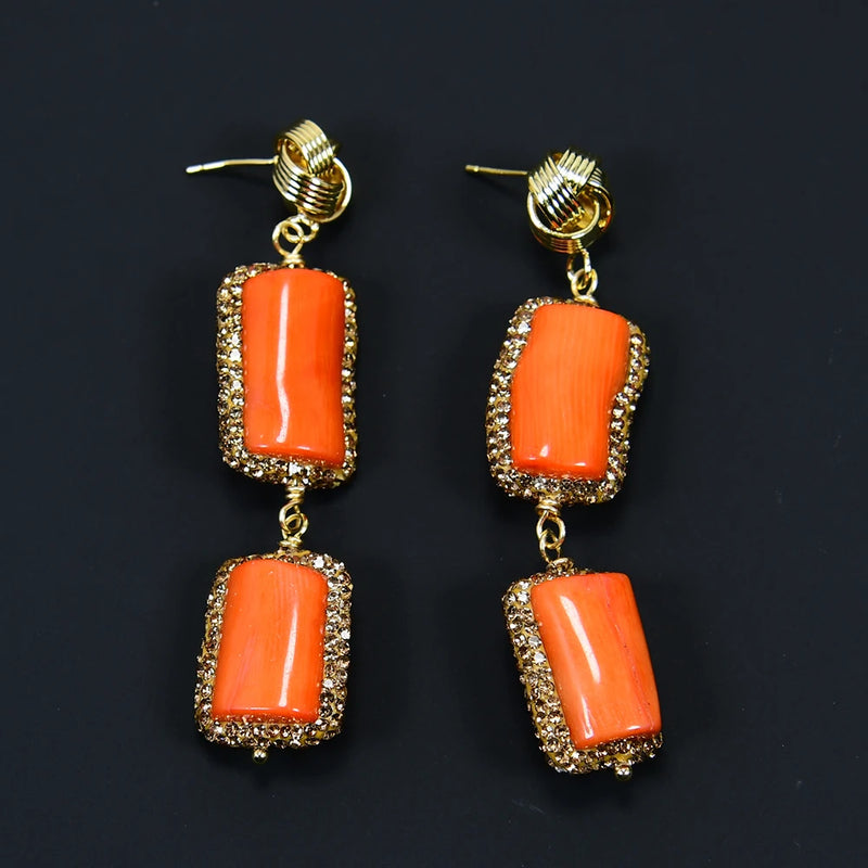 Sterling Silver Natural Orange Coral Branch Dangle Stud Earrings for Women