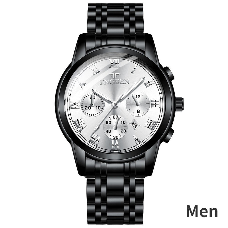 Stainless Steel Black Luminous Calendar Date Watch with three eyes and six pins for Men and Women