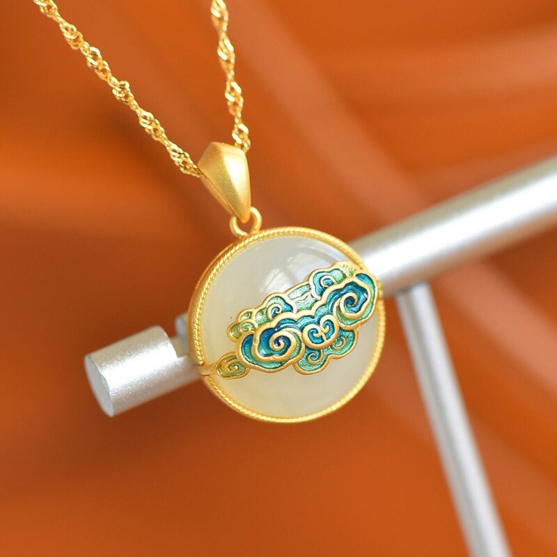 White Jade White Jade Round Necklace Pendant with Enamel Auspicious Cloud for Women