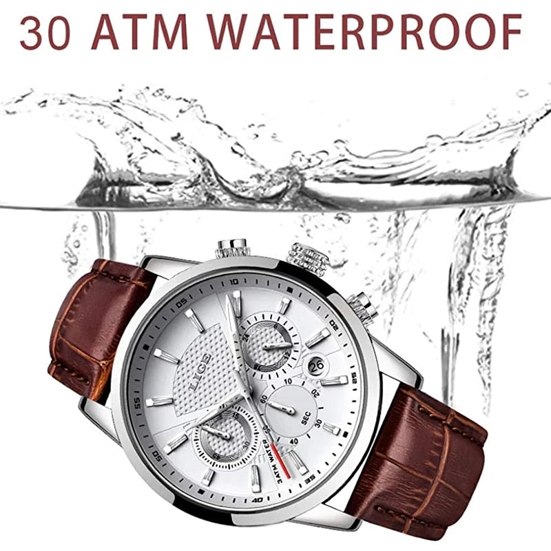 Stainless Steel Leather Casual Quartz Watch with Date & Chronograph for Men