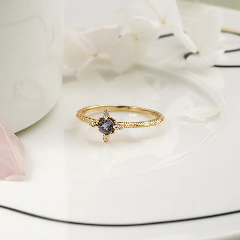 925 Sterling Silver Light Gold Vermeil Synthetic Blue Purple Alexandrite Ring for Women