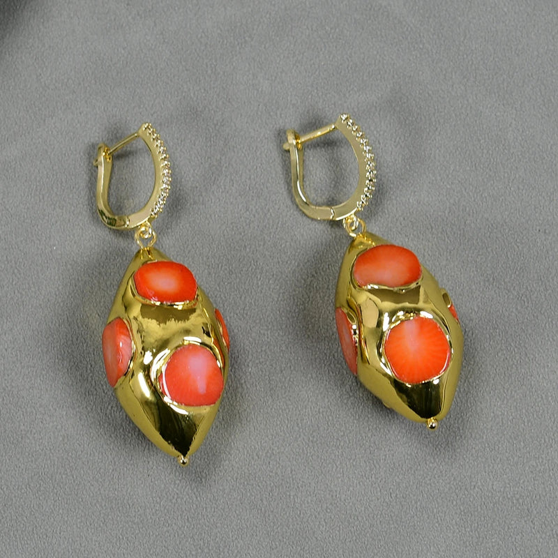 Gold Plated Orange Coral Olive Shape Dangle Earrings for Women