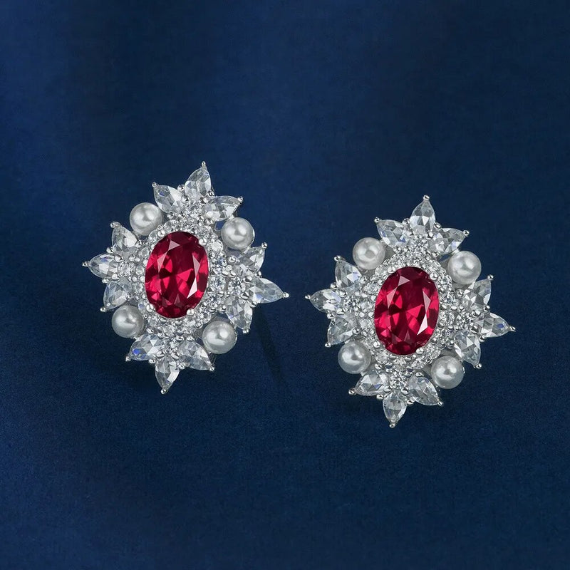 18K Gold Plated Sterling Silver Oval Cut 2CT Sapphire Ruby Emerald Pearl Studs Earrings for Women