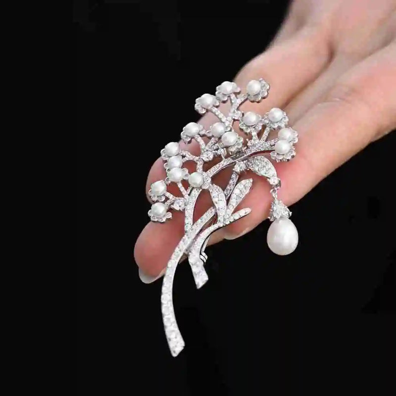 Sterling Silver Freshwater Pearl Sapphire Diamond Flower Brooch for Her