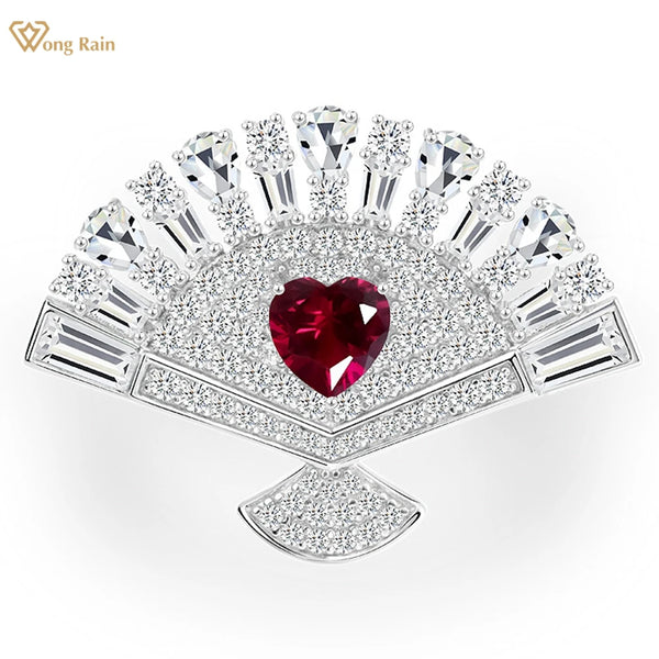 Wong Rain 100% 925 Sterling Sliver Heart Cut Ruby Emerald High Carbon Diamond Gemstone Fan Brooch Brooches Necklace Fine Jewelry