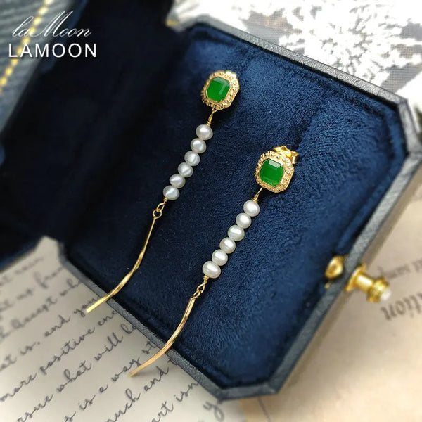 925 Sterling Silver Freshwater Pearl & Jade Tassel Earrings for Women