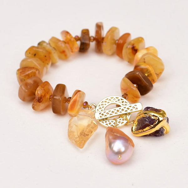 Gold 9'' Natural Mix Color Amber Slice Nugget Strand Bracelet Pink Keshi Pearl Citrine Leaf Charms for Women