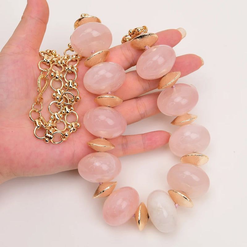 Gold Plated 25'' Natural Rose Quartz Rondelle Beads Necklace & Earrings Set for Lady