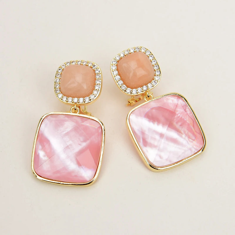 Sterling Silver Natural Pink Sea Shell Pearl & Pink Aventurine CZ Square Drop Earrings for Women