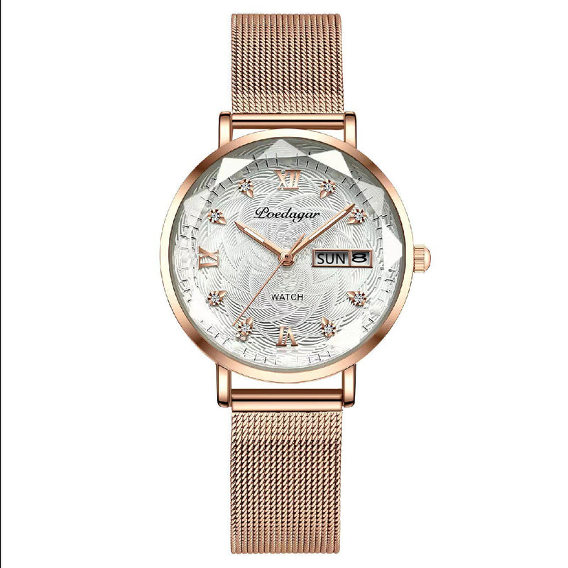 Stainless steel Luminous Quartz Date Week Waterproof Watch for women