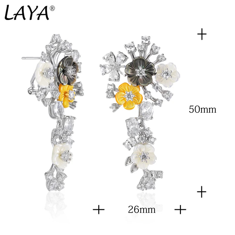 Laya Silver Earrings For Women Pure 925 Sterling Silver Delicate White Black Yellow Flowers Dangling серьги Fine Jewelry Handmad