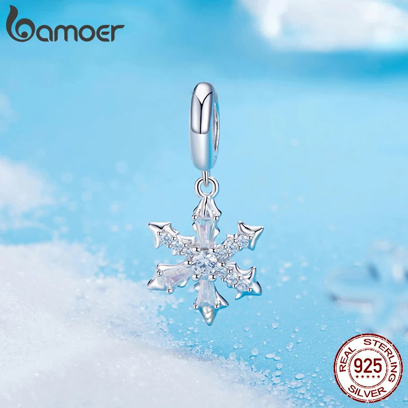 925 Sterling Silver Snowflake Pendant Bead for Bracelet & Necklaces, Ice Flower Design, for Unisex