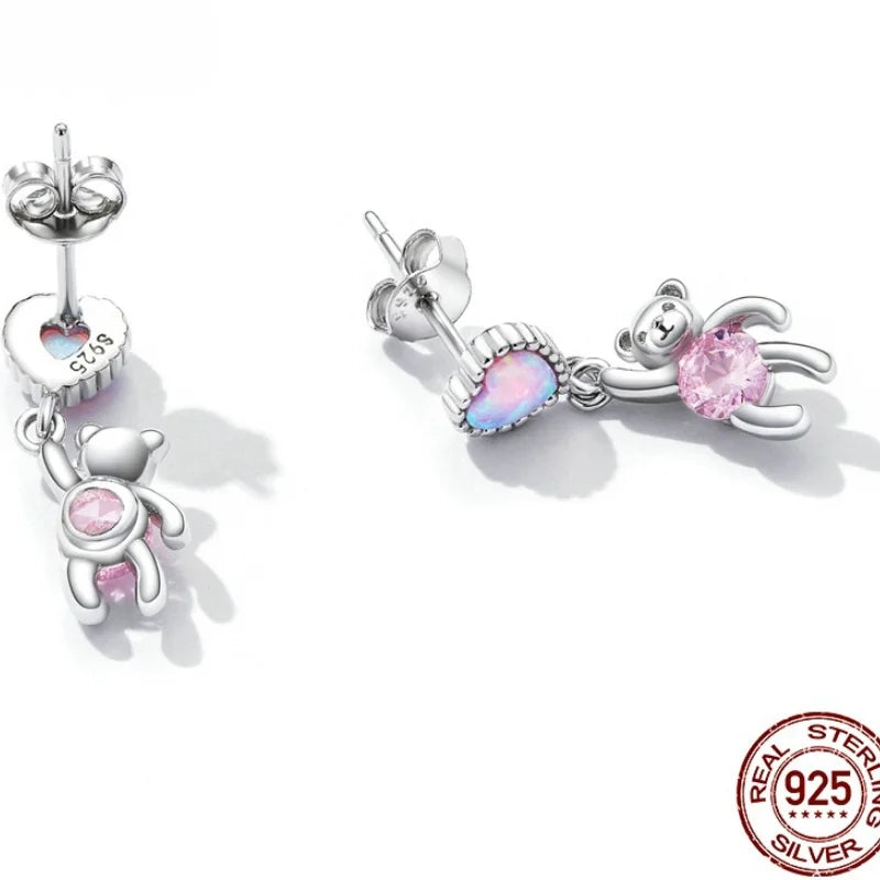 Silver Opal Heart Bear Stud Earrings for Women