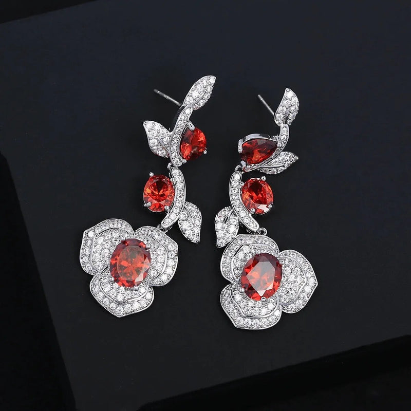 Sterling Silver Bling Bling Zircon Hanging Flower Pendant Earrings for Women