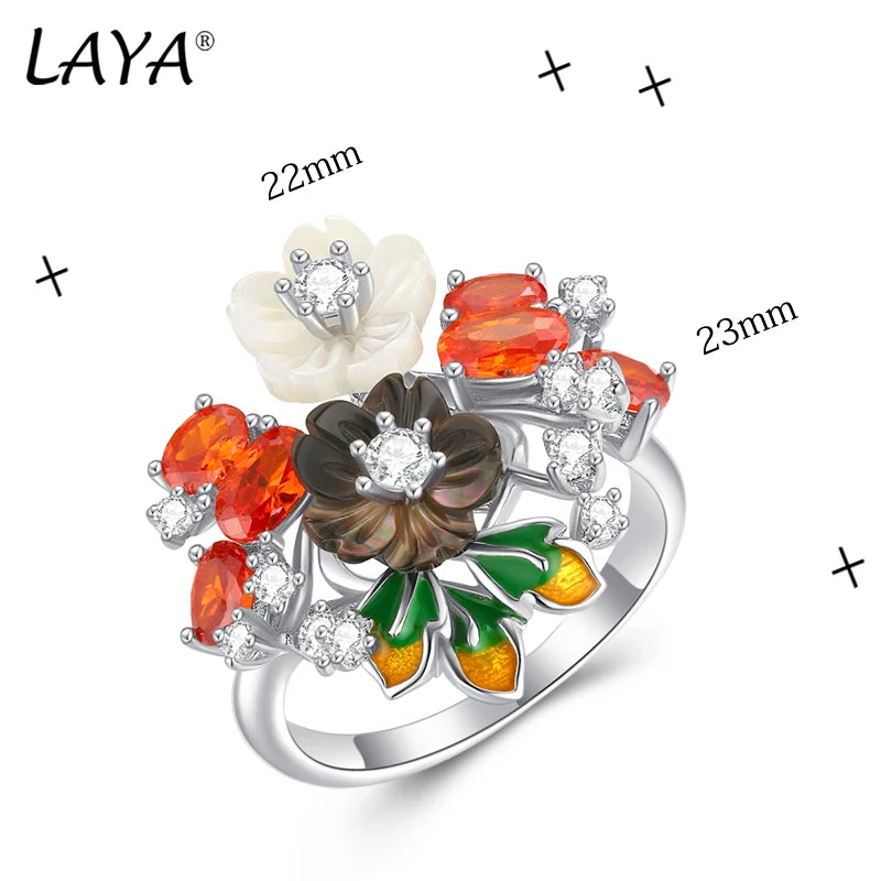 925 Sterling Silver White Black Flower Zircon Enamel Ring for Women