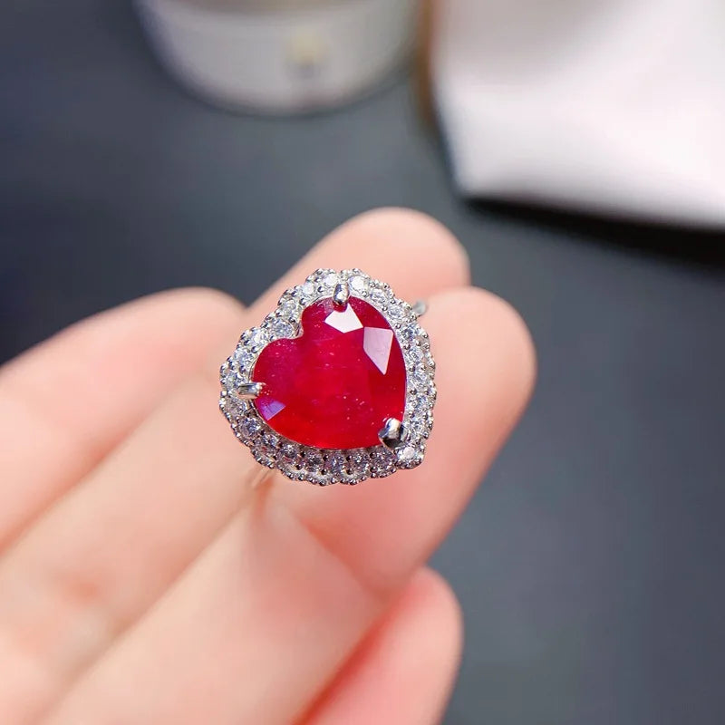 925 Sterling Silver Natural Real Ruby Heart Shape Ring for Women