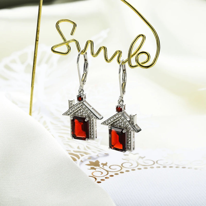 Rhodium Plated Natural Garnet Drop Earrings for Women