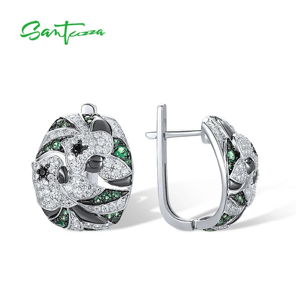 925 Sterling Silver Green & Black Spinel White CZ Flower Earrings for Women