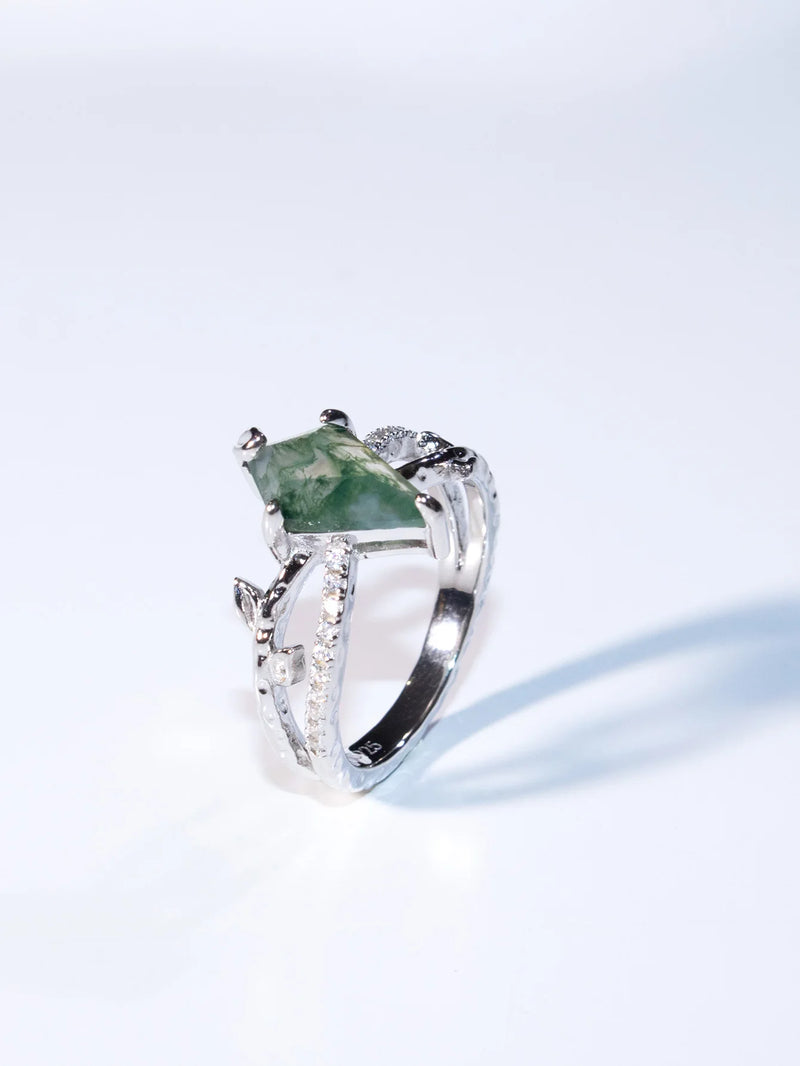 Sterling Silver Green Water Grass Agate Ring for Woman