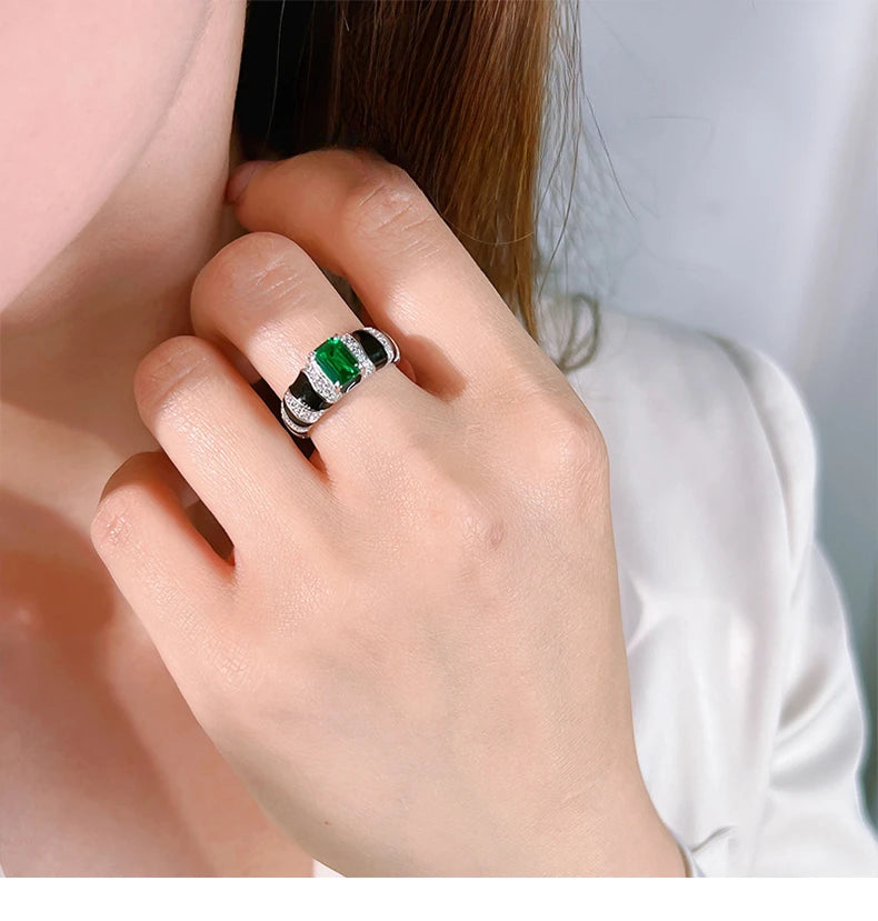 925 Sterling Silver Emerald Ring with Diamond Accents, Zebra Pattern, Retro Style for Women