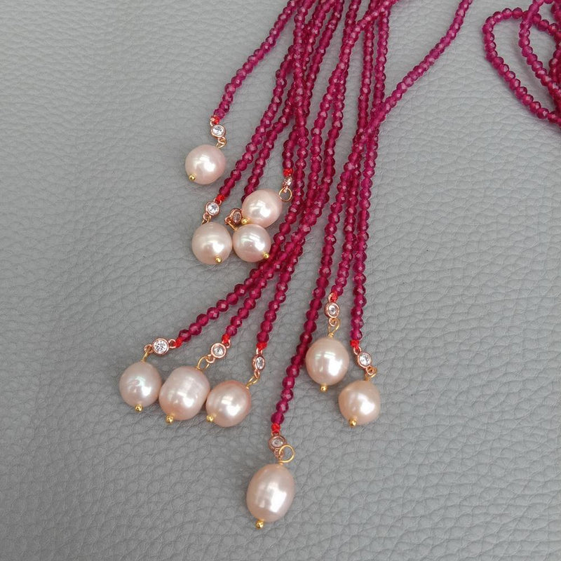 Y.YING 10 Rows Red Crystal Cultured Pink Rice Pearl Long Lariat Necklace Fashionable Jewelry