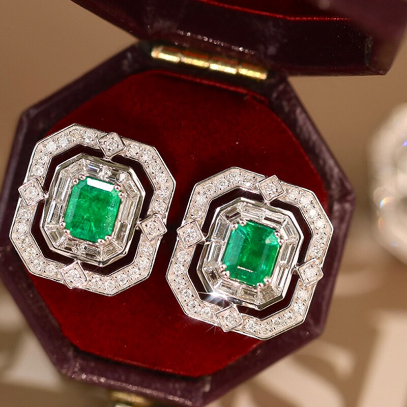 18K White Gold Emerald and Diamond Earrings for Women