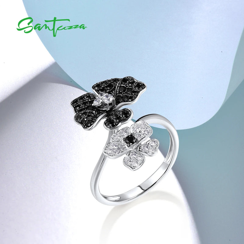 925 Sterling Silver Flower Ring with Black Spinel and Cubic Zirconia for Women