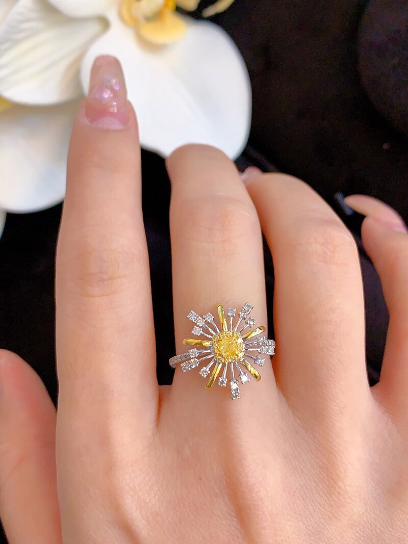 18K White Gold 1.00ct Natural Yellow Diamond Flower Shape Ring for Women