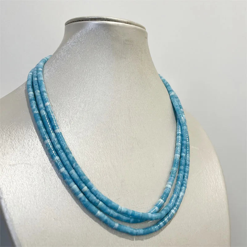 Silver Larimar Necklace, 2 ct, Sea Blue Vein, Multilayer Beaded Chain Choker for Women