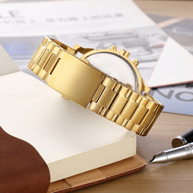 Gold Steel Band Quartz Watch for Men