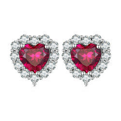 925 Sterling Silver Ruby Red Zircon Heart Stud Earrings for Women