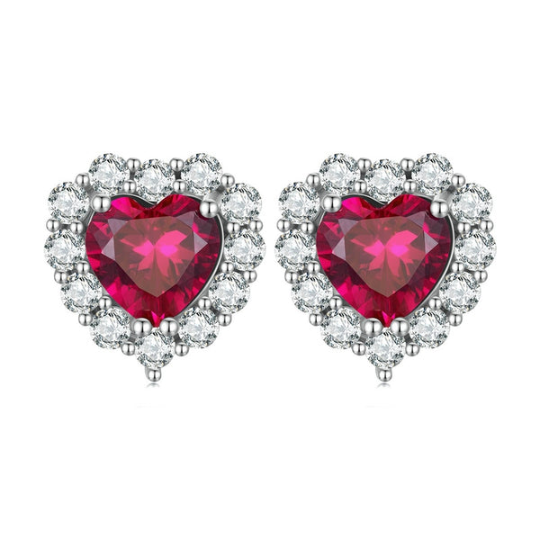 925 Sterling Silver Ruby Red Zircon Heart Stud Earrings for Women