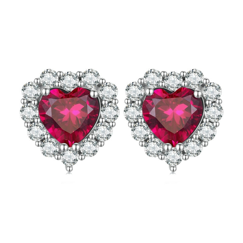 925 Sterling Silver Ruby Red Zircon Heart Stud Earrings for Women