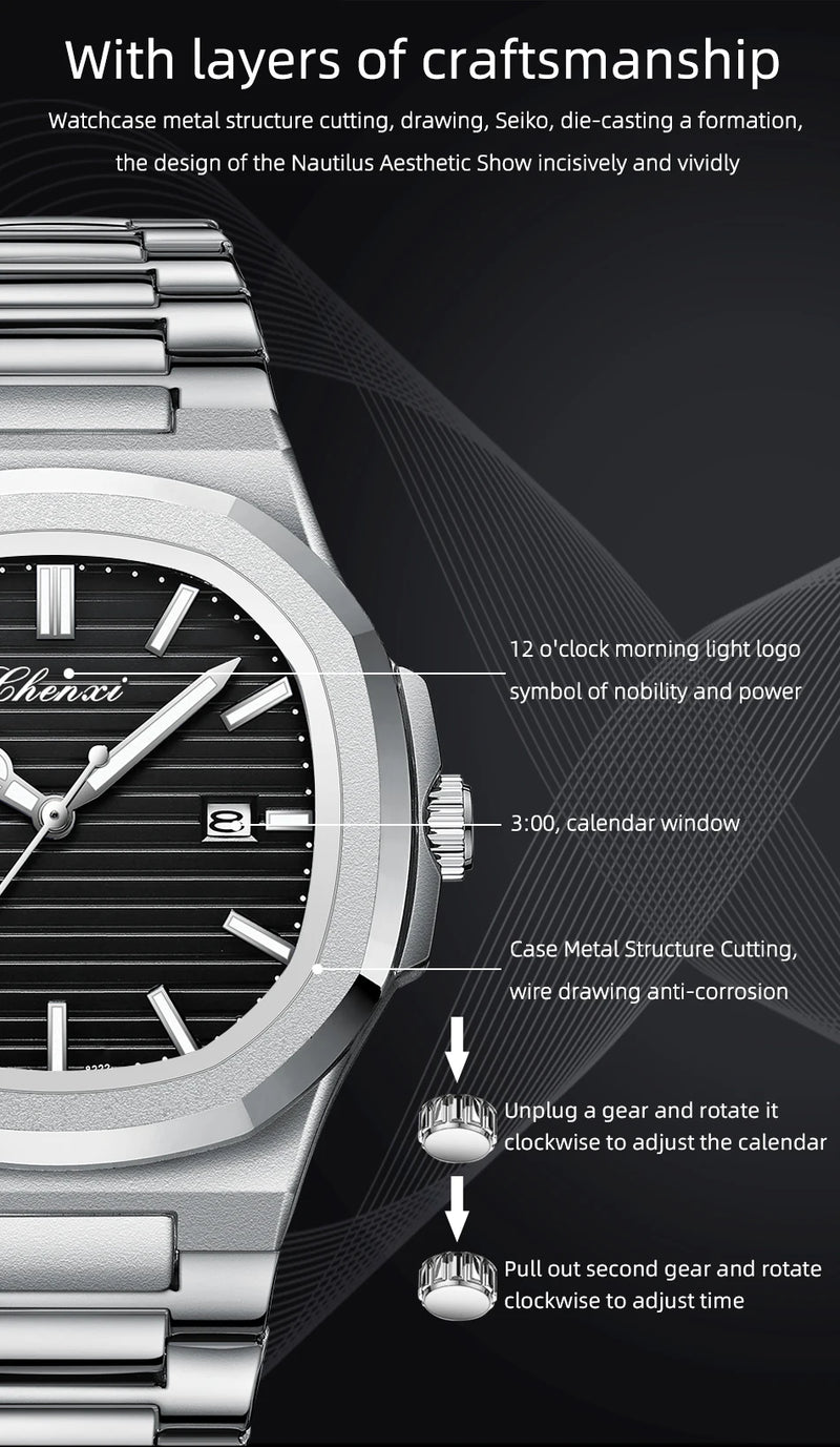 Steel Transparent Bottom Quartz Watch with Calendar for Men