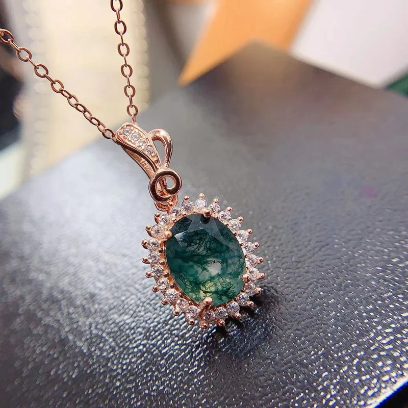 925 Sterling Silver Gold Plated Moss Agate Pendant for Women