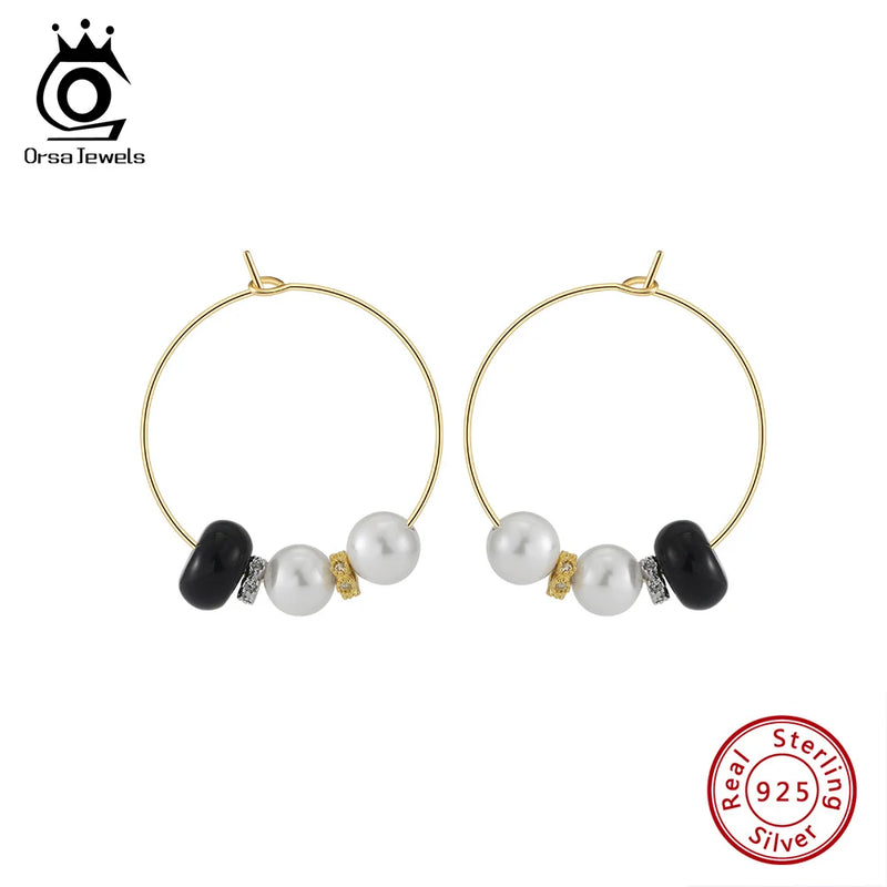 925 Silver Black Agate Shell Pearl Hoop Earrings for Women