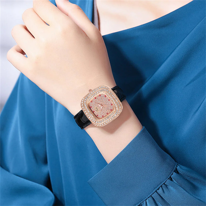 Stainless Steel Full Star Diamonds Square Quartz Watch for Women